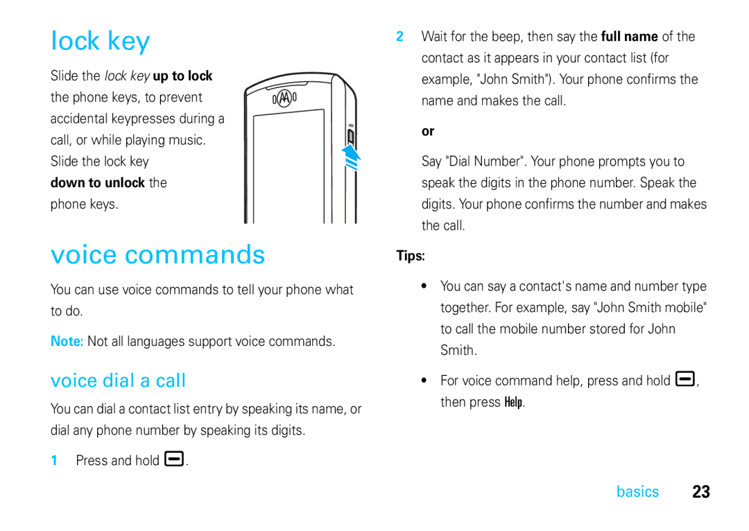 Motorola VE66 manual Lock key, Voice commands, Voice dial a call, Tips 