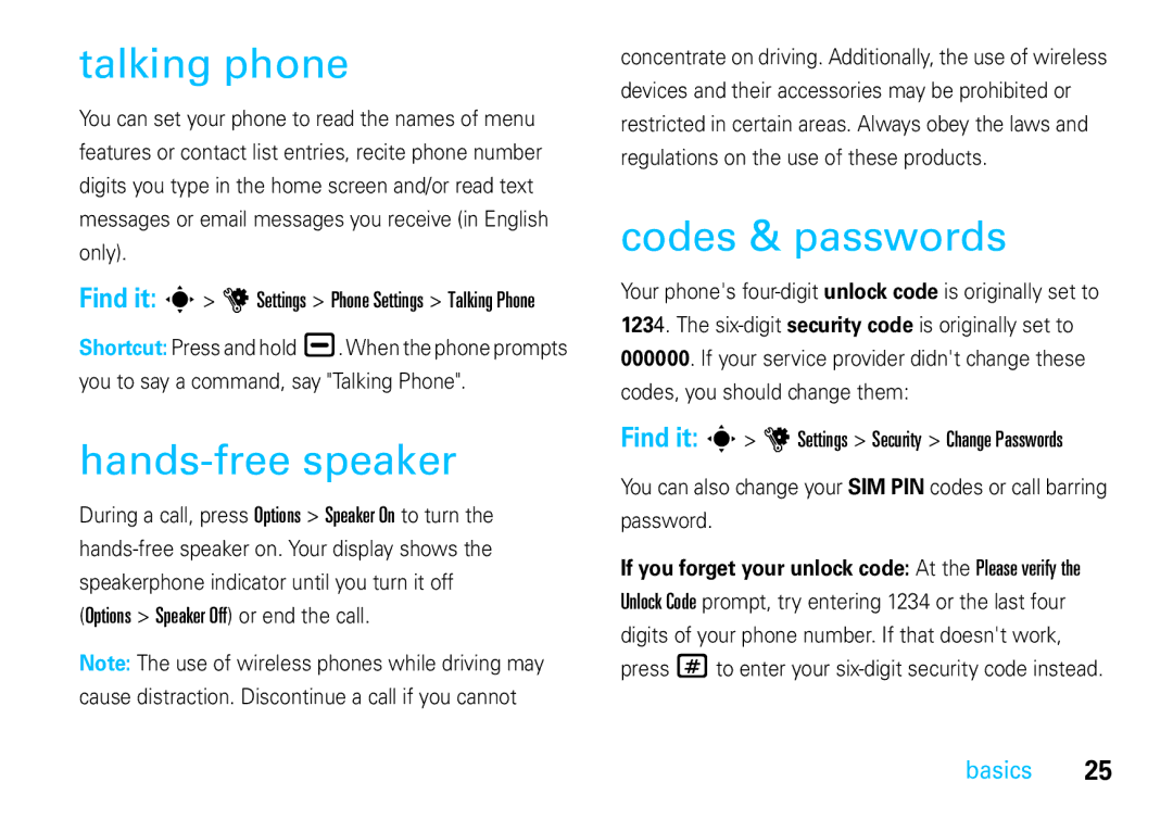 Motorola VE66 manual Talking phone, Hands-free speaker, Codes & passwords, Find it s u Settings Security Change Passwords 