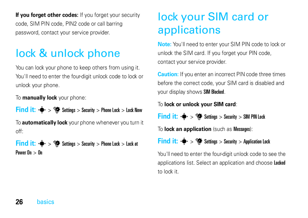 Motorola VE66 manual Lock & unlock phone, Lock your SIM card or applications, Power On On 