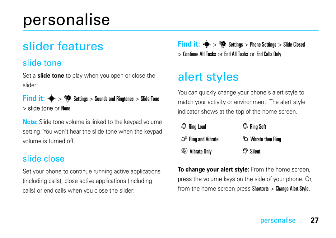 Motorola VE66 manual Personalise, Slider features, Alert styles, Slide tone, Slide close 