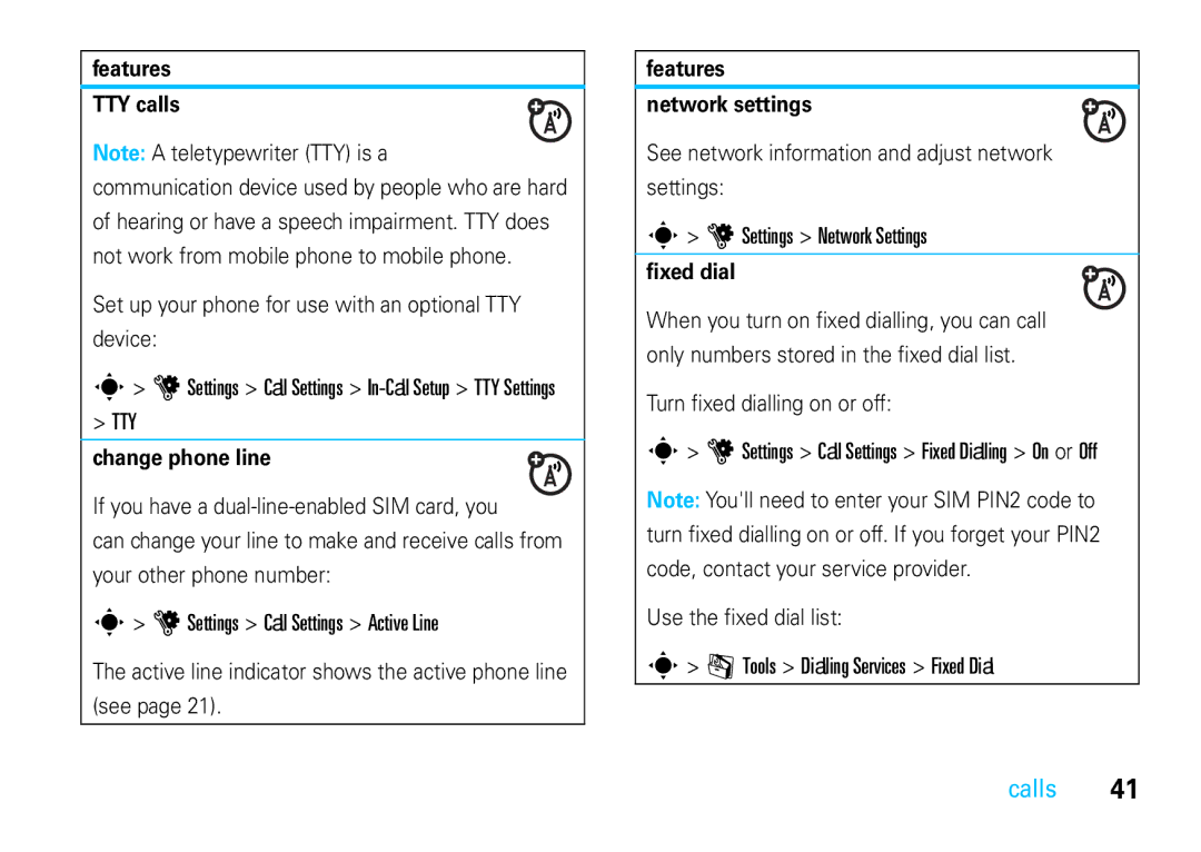 Motorola VE66 manual Settings Call Settings Active Line, Settings Network Settings, Tools Dialling Services Fixed Dial 