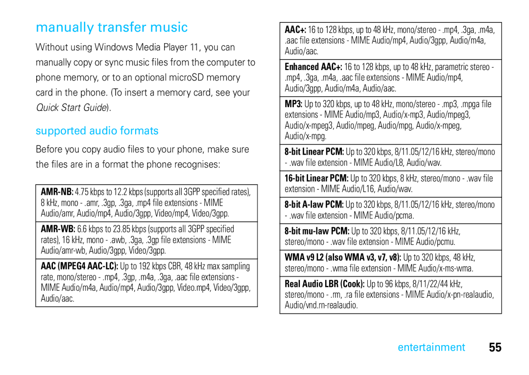 Motorola VE66 manual Manually transfer music, Supported audio formats 