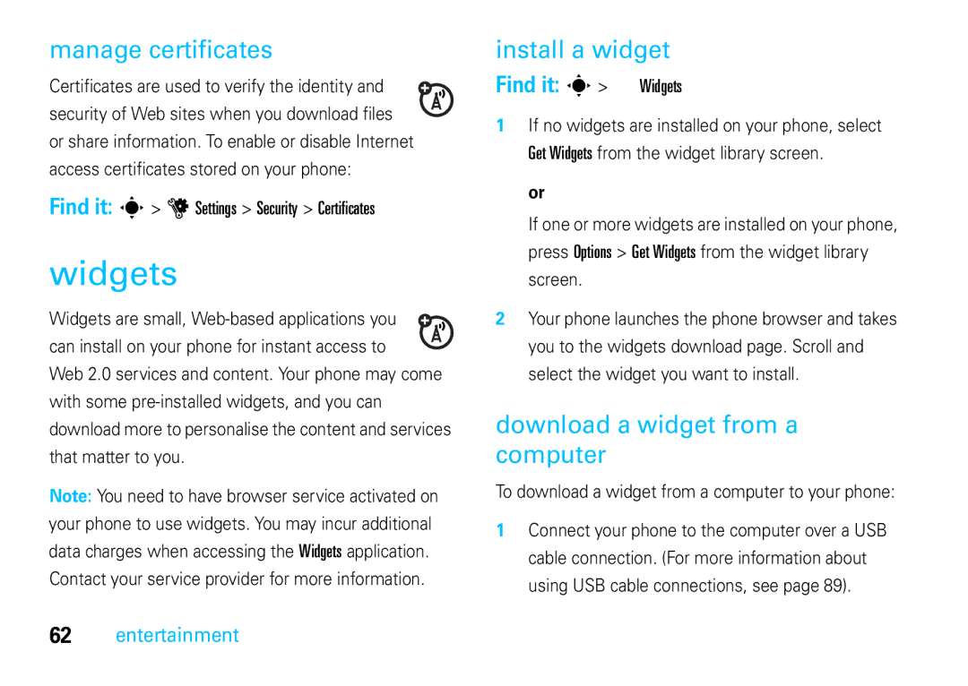 Motorola VE66 manual Widgets, Manage certificates, Install a widget, Download a widget from a computer 