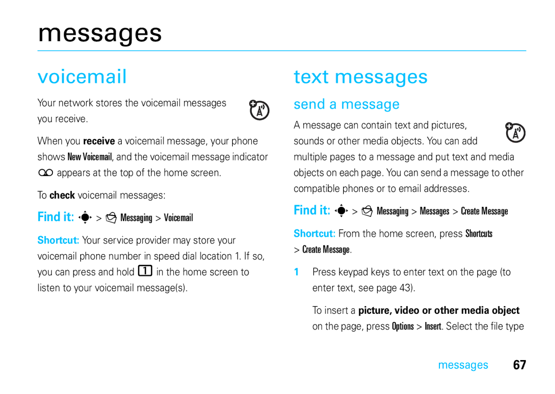 Motorola VE66 manual Messages, Voicemail, Text messages, Send a message 