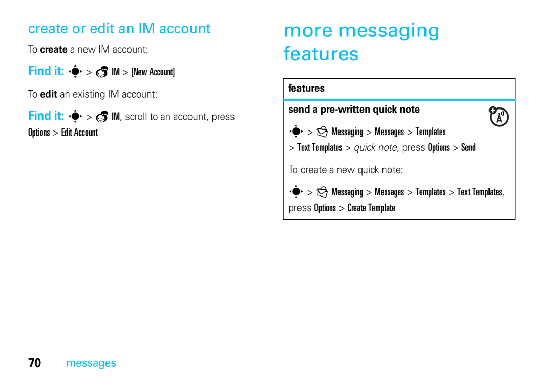 Motorola VE66 More messaging features, Create or edit an IM account, Find it s a IM New Account, Options Edit Account 