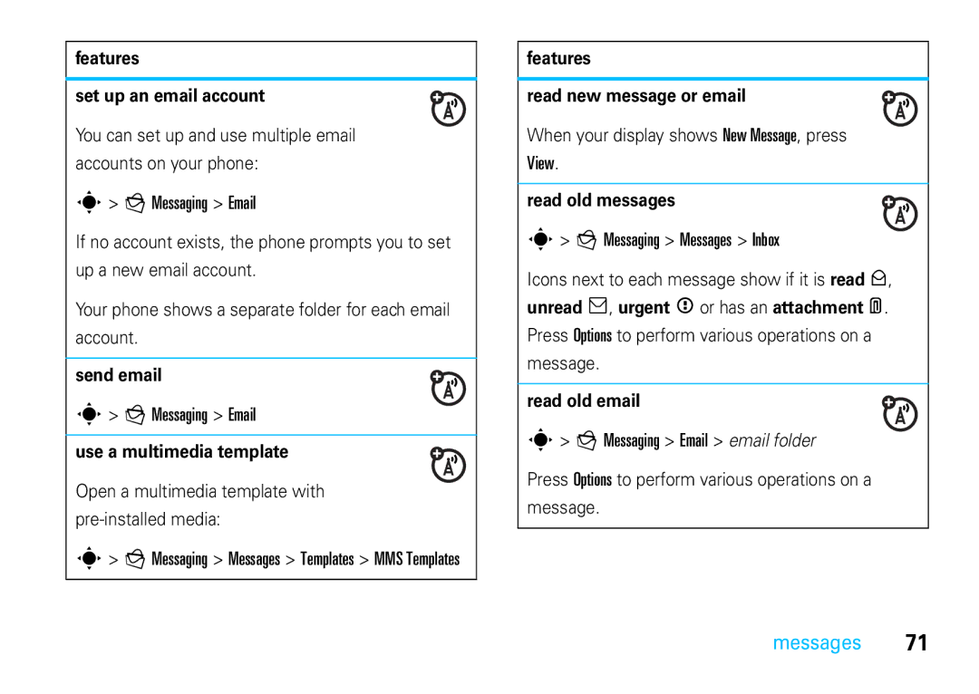 Motorola VE66 manual View, Messaging Messages Inbox, Messaging Email email folder 