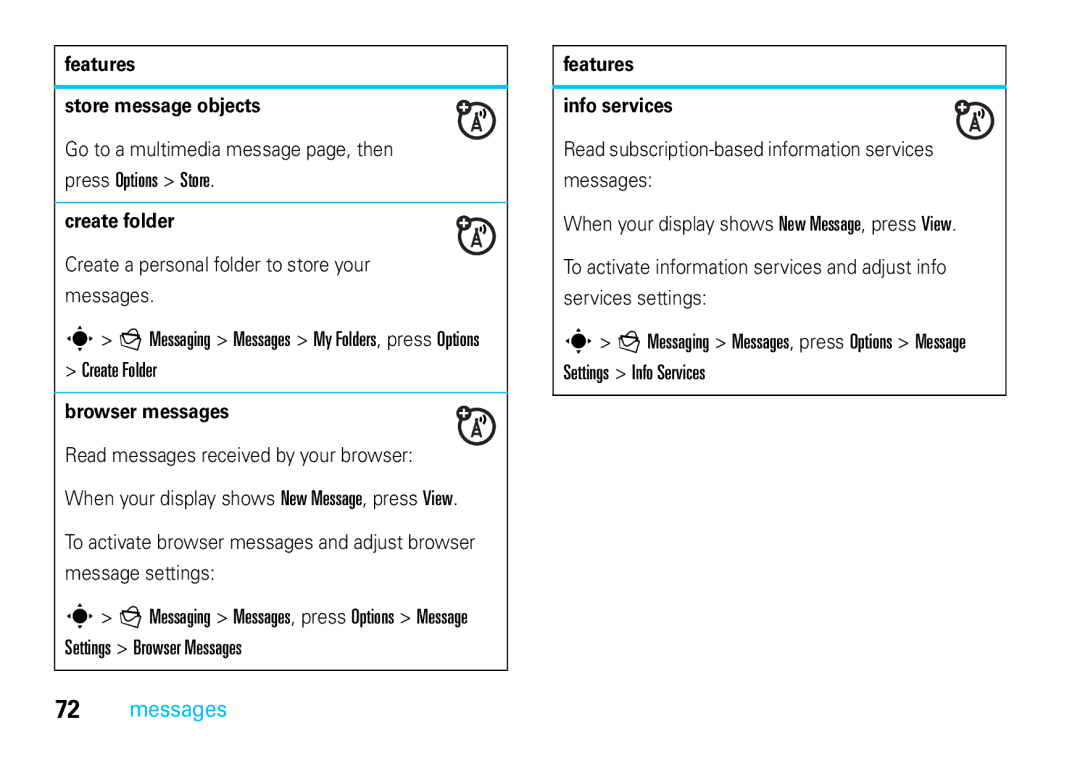 Motorola VE66 manual Create Folder, Settings Browser Messages 