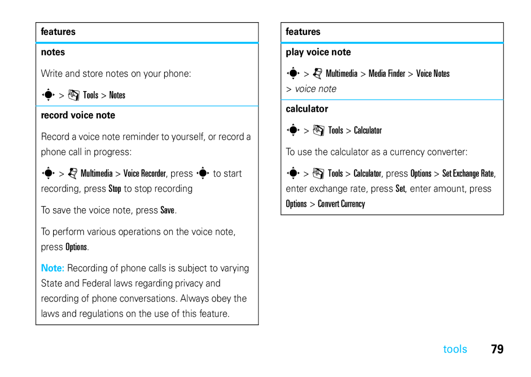 Motorola VE66 manual Tools Notes, Multimedia Media Finder Voice Notes, Tools Calculator, Options Convert Currency 