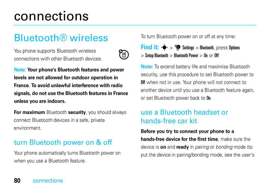 Motorola VE66 manual Connections, Bluetooth wireless, Turn Bluetooth power on & off 