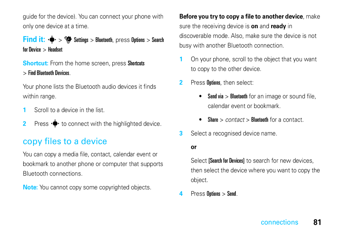 Motorola VE66 manual Copy files to a device, For Device Headset, Press Options Send 