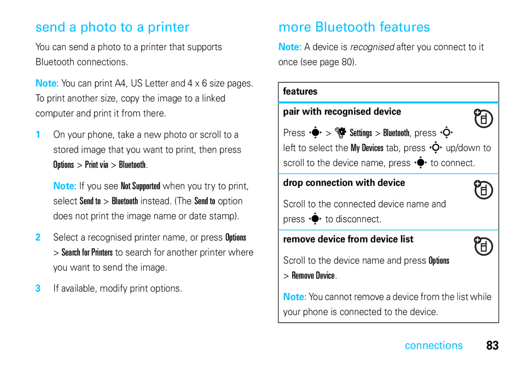 Motorola VE66 manual Send a photo to a printer, More Bluetooth features, Options Print via Bluetooth, Remove Device 