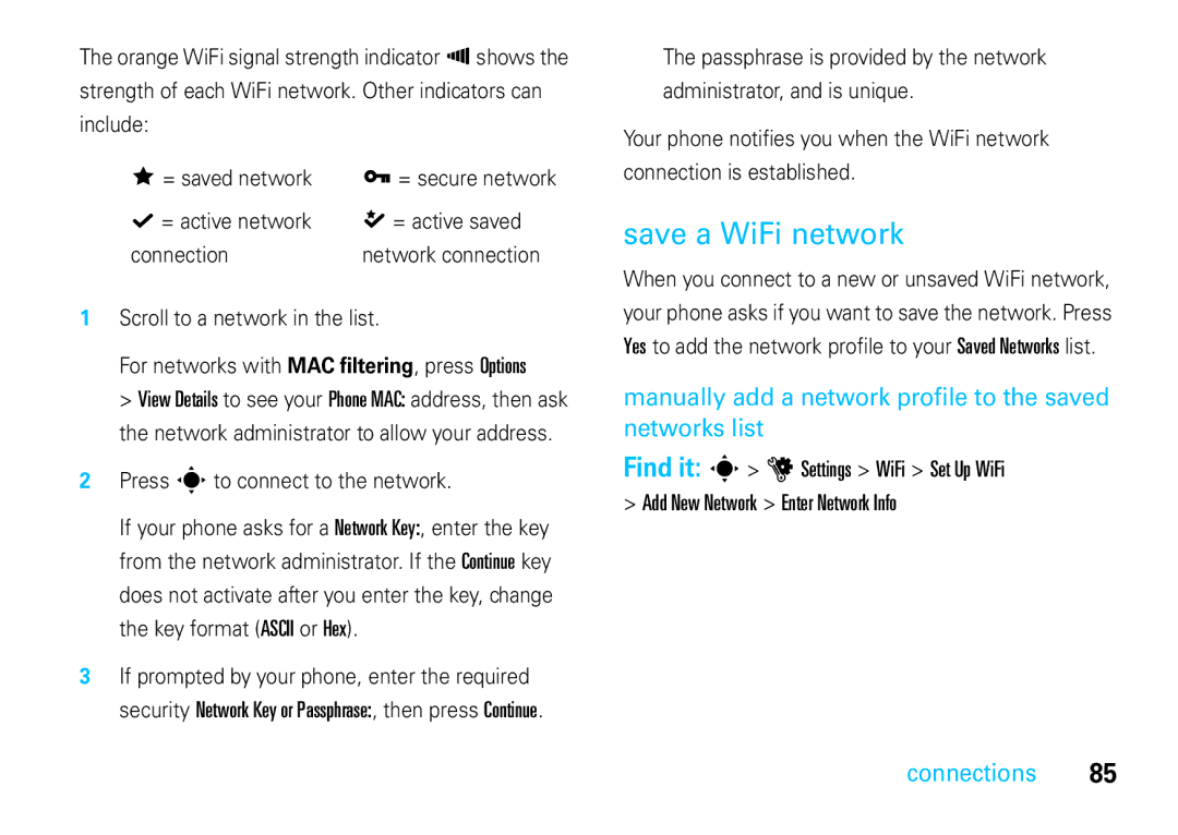 Motorola VE66 manual Save a WiFi network, Manually add a network profile to the saved networks list 