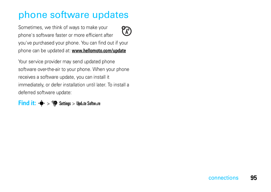 Motorola VE66 manual Phone software updates, Find it s u Settings Update Software 