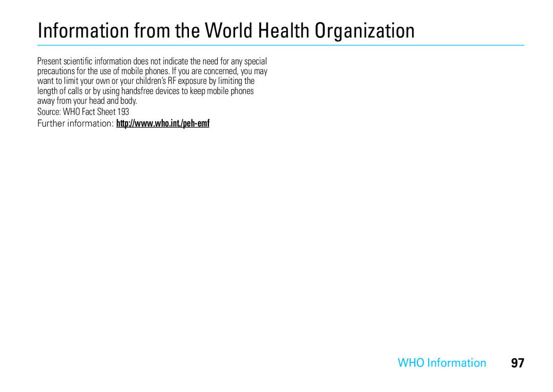 Motorola VE66 manual Information from the World Health Organization, WHO Information 