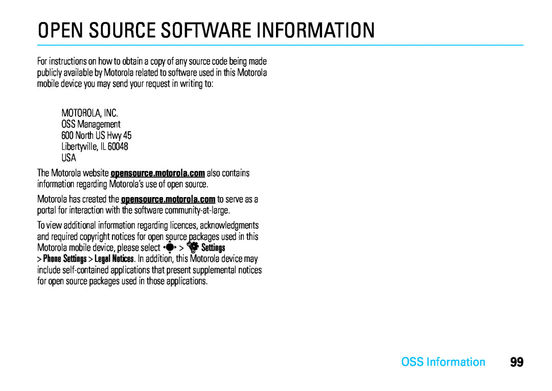Motorola VE66 manual Open Source Software Information, OSS Information, MOTOROLA, INC OSS Management 600 North US Hwy 