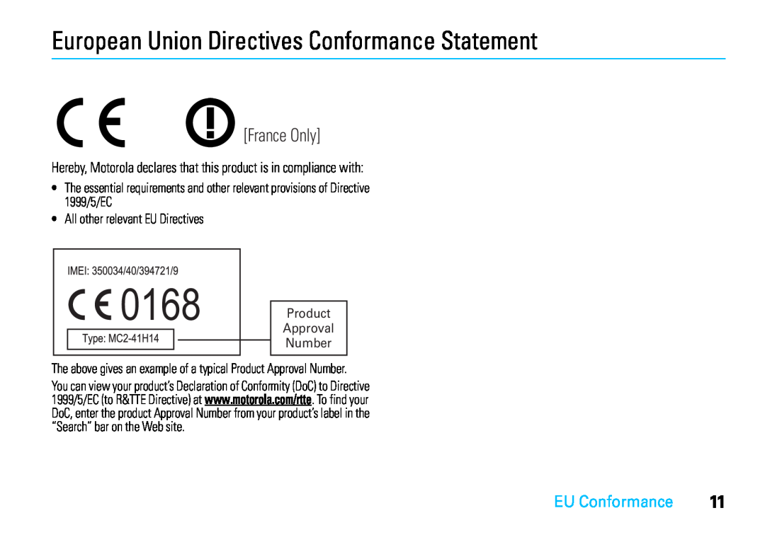 Motorola VE66 European Union Directives Conformance Statement, EU Conformance, 0168, France Only, Product Approval Number 