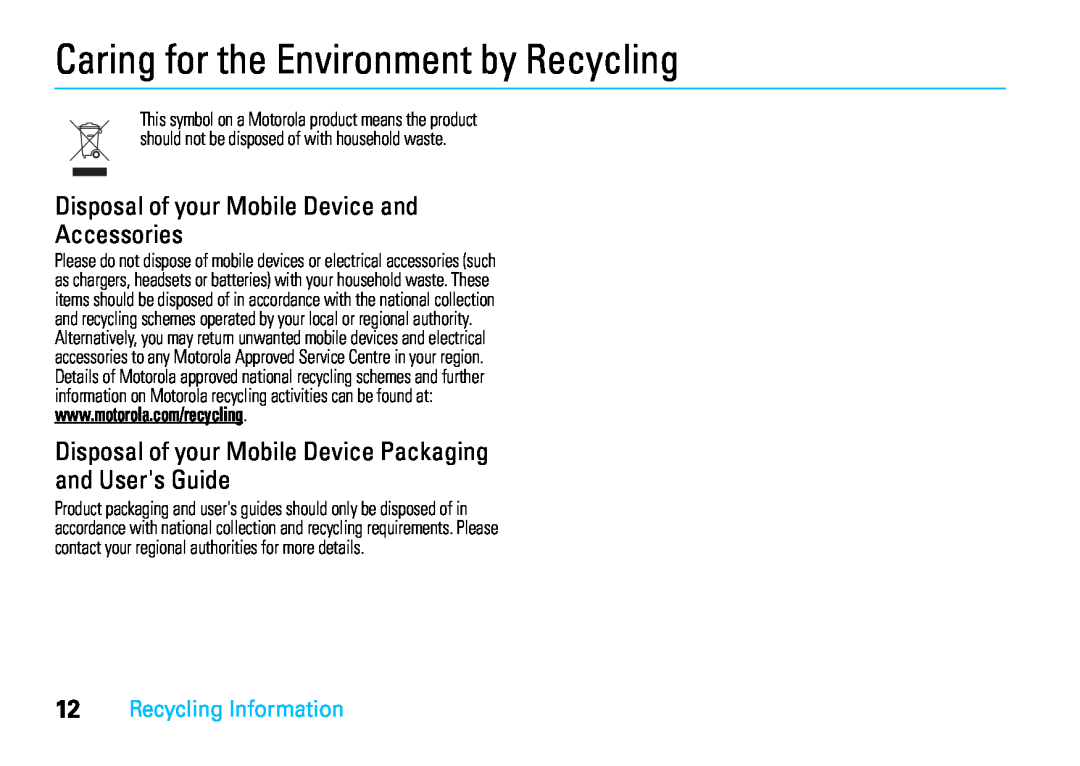 Motorola VE66 manual Caring for the Environment by Recycling, Disposal of your Mobile Device and Accessories 