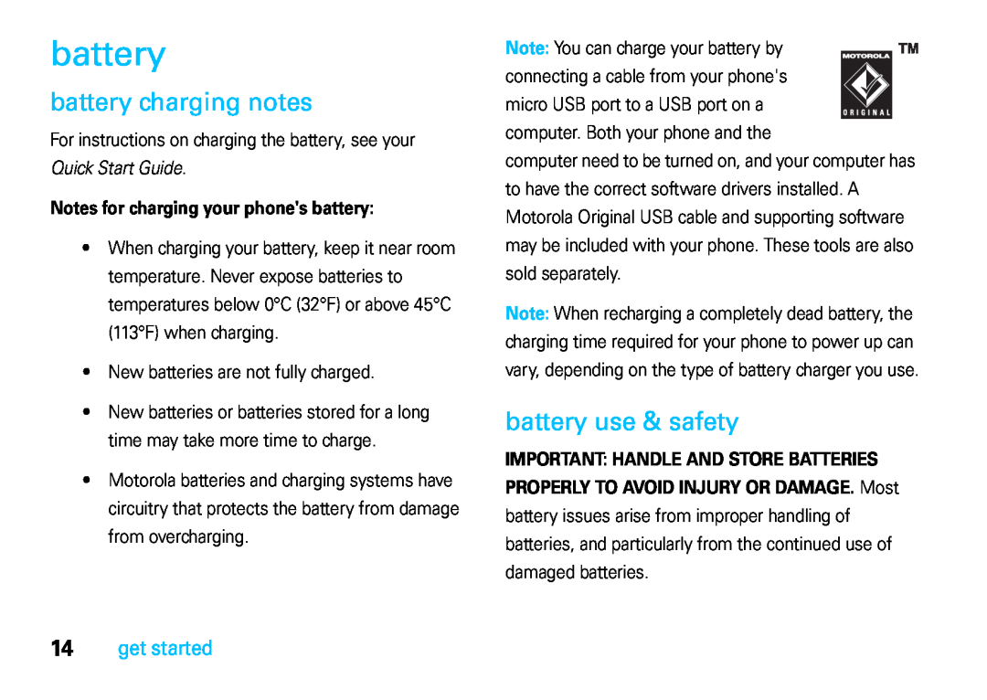 Motorola VE66 manual battery charging notes, battery use & safety, Notes for charging your phones battery 