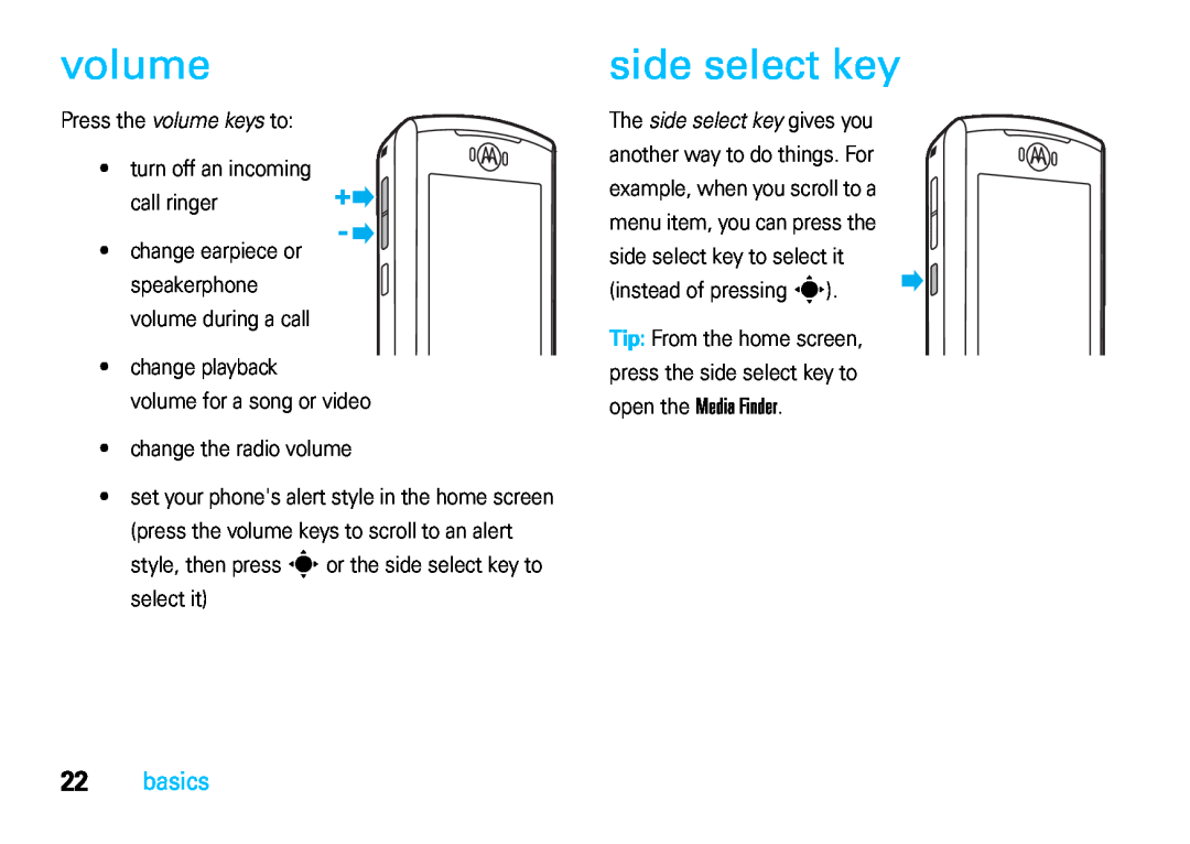 Motorola VE66 manual volume, side select key, basics 