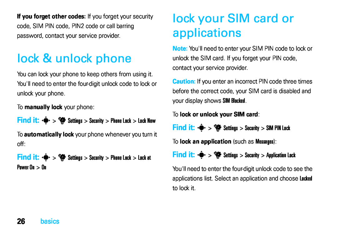 Motorola VE66 manual lock & unlock phone, lock your SIM card or applications, Power On On, basics 