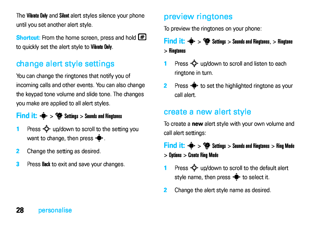 Motorola VE66 manual change alert style settings, preview ringtones, create a new alert style, Ringtones, personalise 