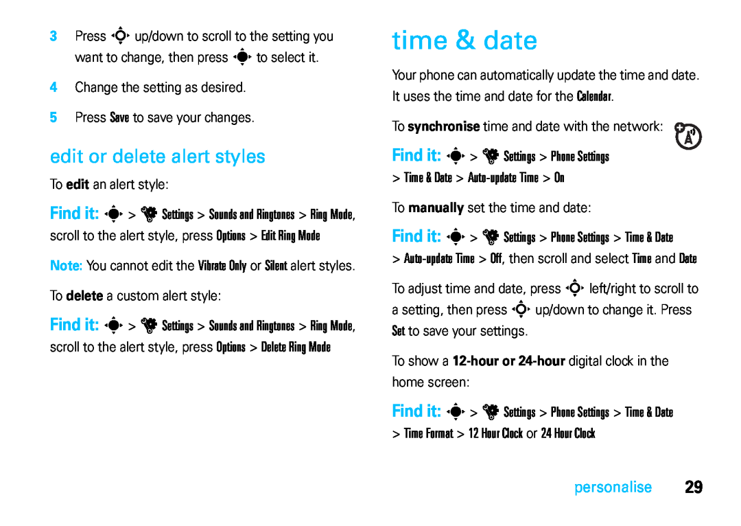 Motorola VE66 manual time & date, edit or delete alert styles, Find it s u Settings Phone Settings, personalise 