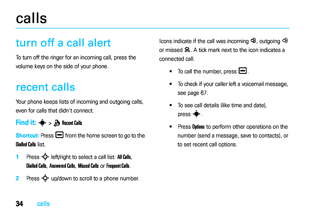 Motorola VE66 manual turn off a call alert, recent calls, Find it s q Recent Calls, Dialled Calls list 