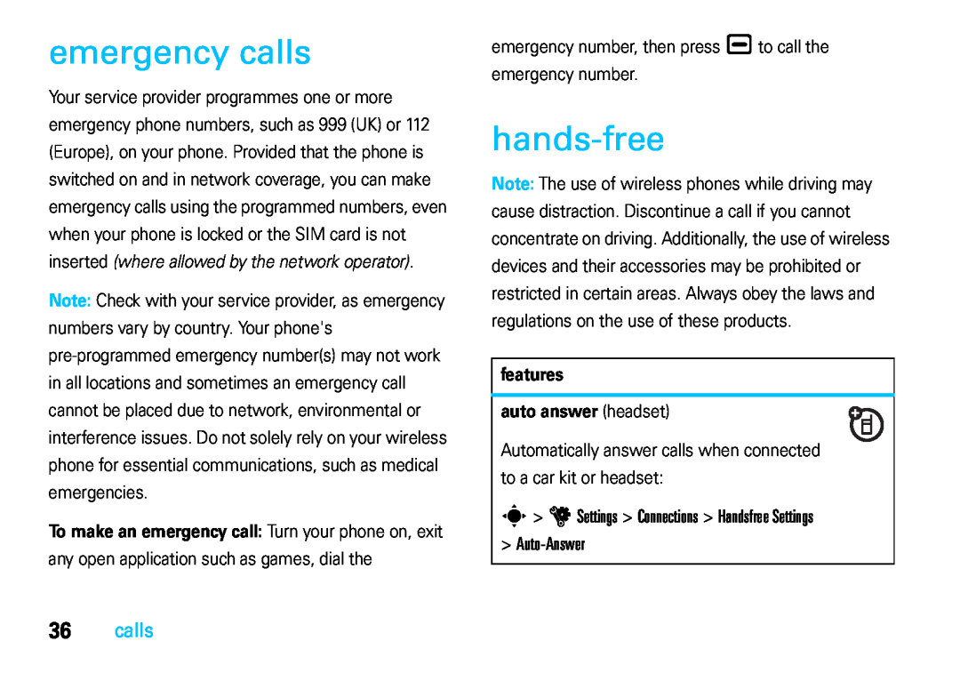 Motorola VE66 manual emergency calls, hands-free, s u Settings Connections Handsfree Settings Auto-Answer 