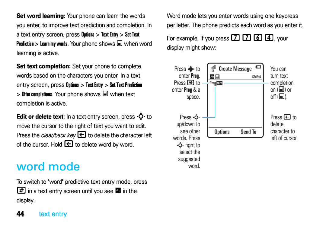 Motorola VE66 manual word mode, Create Message, text entry, Options, Prog ram 