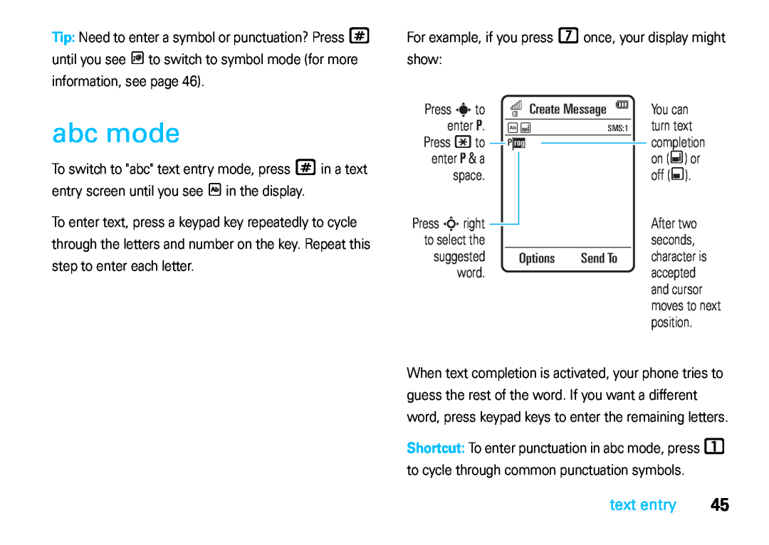 Motorola VE66 manual abc mode, Options, text entry 