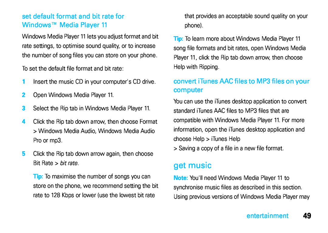 Motorola VE66 manual get music, set default format and bit rate for Windows Media Player, entertainment 