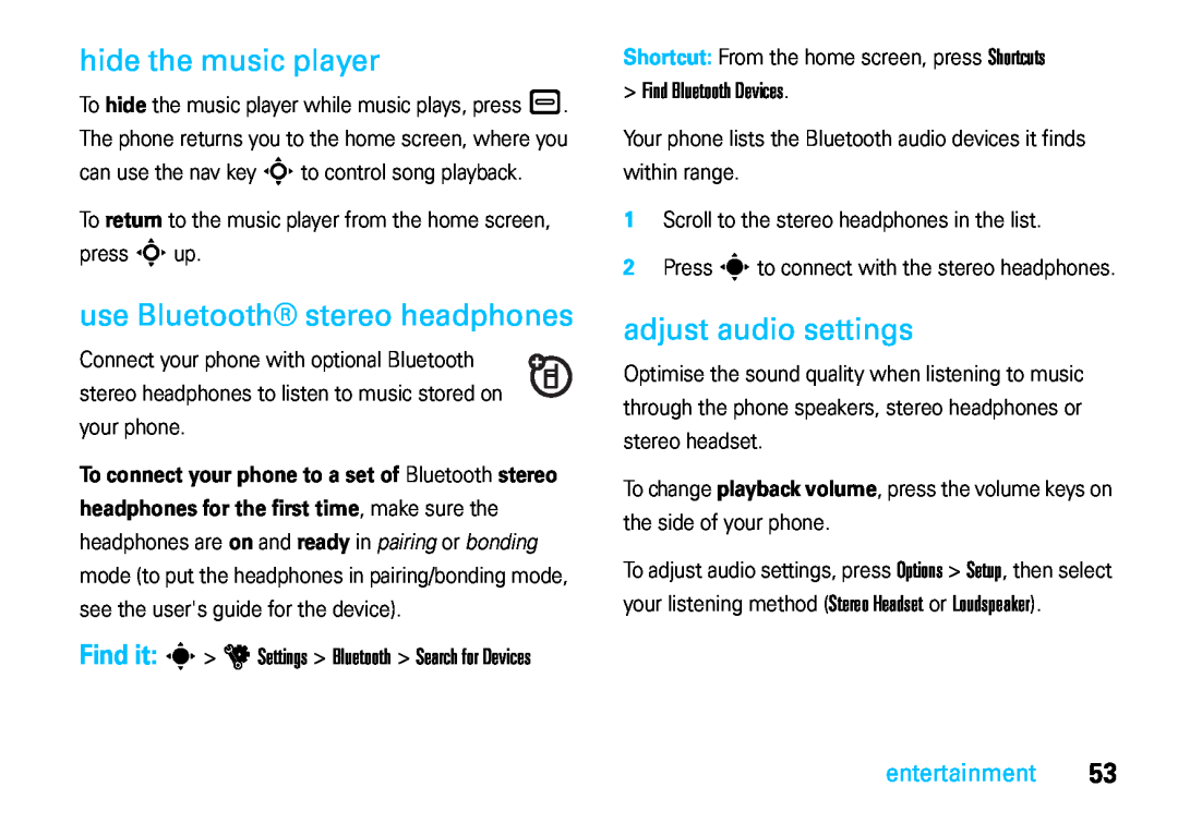 Motorola VE66 manual hide the music player, use Bluetooth stereo headphones, adjust audio settings, Find Bluetooth Devices 