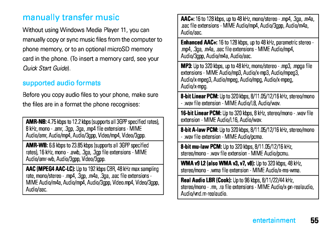 Motorola VE66 manually transfer music, supported audio formats, entertainment 