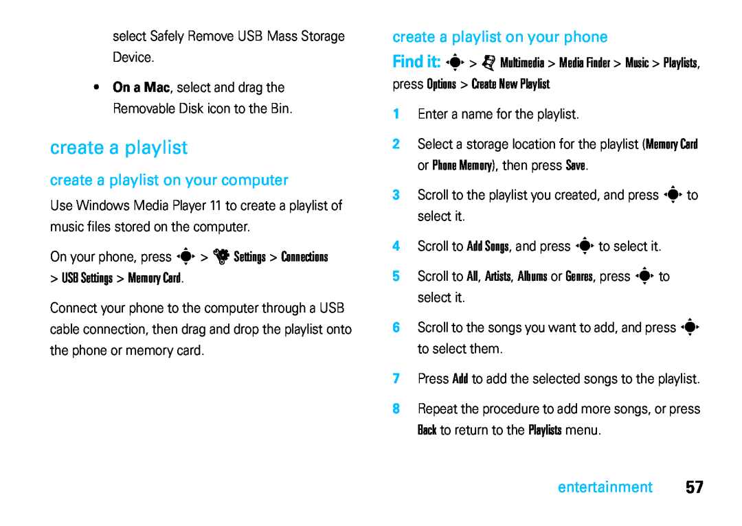 Motorola VE66 manual create a playlist on your computer, USB Settings Memory Card, create a playlist on your phone 