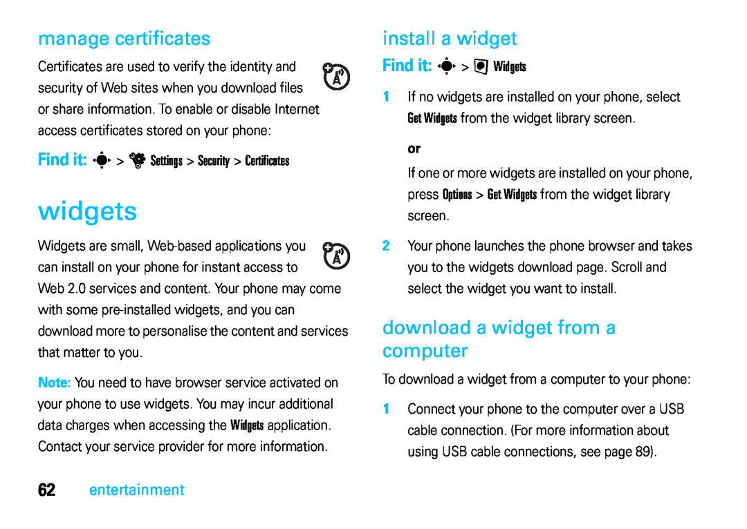 Motorola VE66 manual widgets, manage certificates, install a widget, download a widget from a computer, Find it s á Widgets 