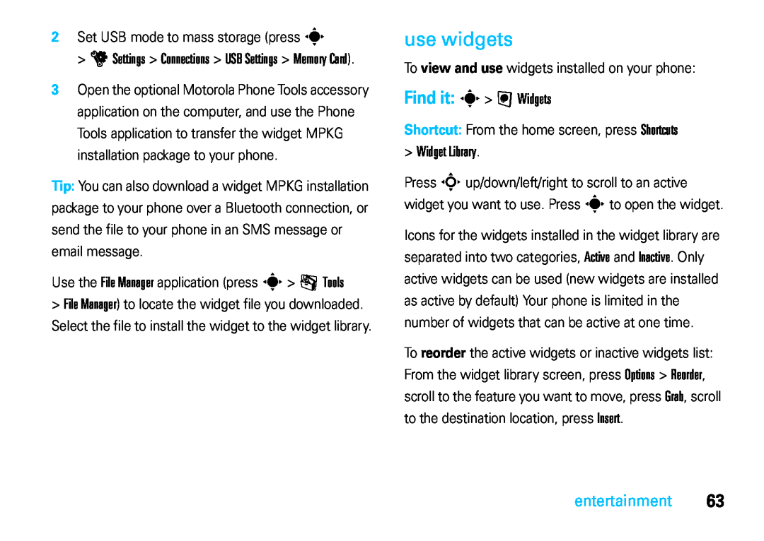 Motorola VE66 manual use widgets, Widget Library, Find it s á Widgets, entertainment 