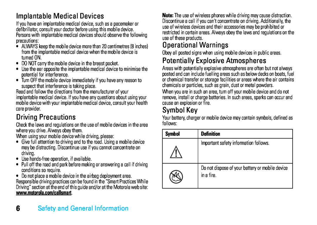 Motorola VE66 Implantable Medical Devices, Driving Precautions, Operational Warnings, Potentially Explosive Atmospheres 