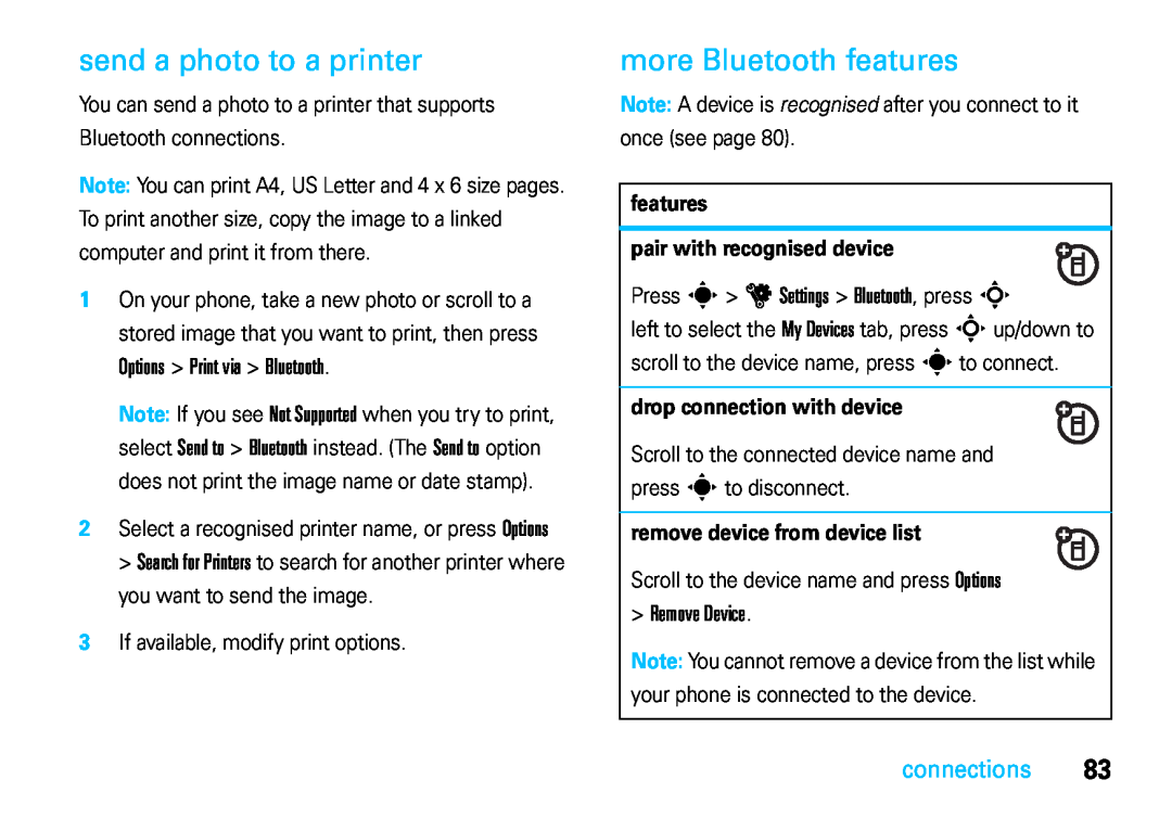 Motorola VE66 send a photo to a printer, more Bluetooth features, Options Print via Bluetooth, Remove Device, connections 