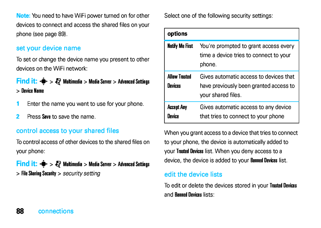 Motorola VE66 manual set your device name, Device Name, control access to your shared files, connections, Devices, options 