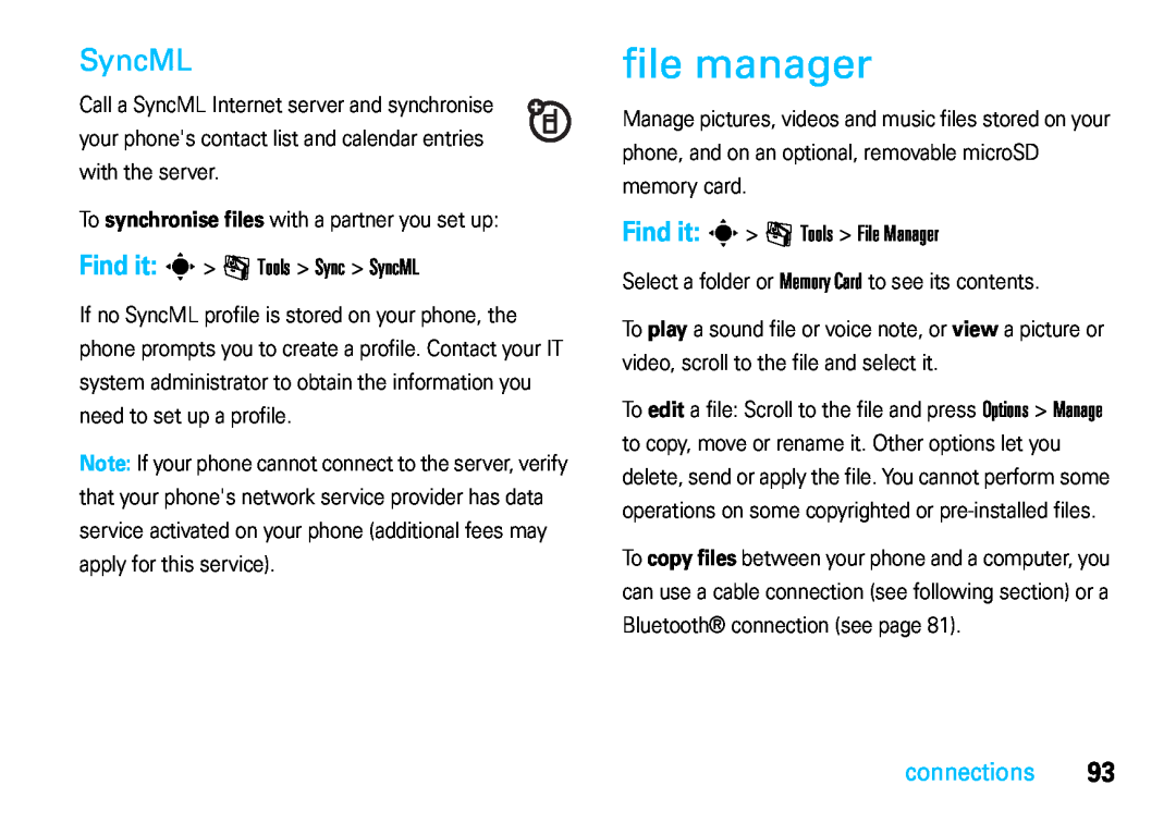 Motorola VE66 manual file manager, Find it s m Tools Sync SyncML, Find it s m Tools File Manager, connections 
