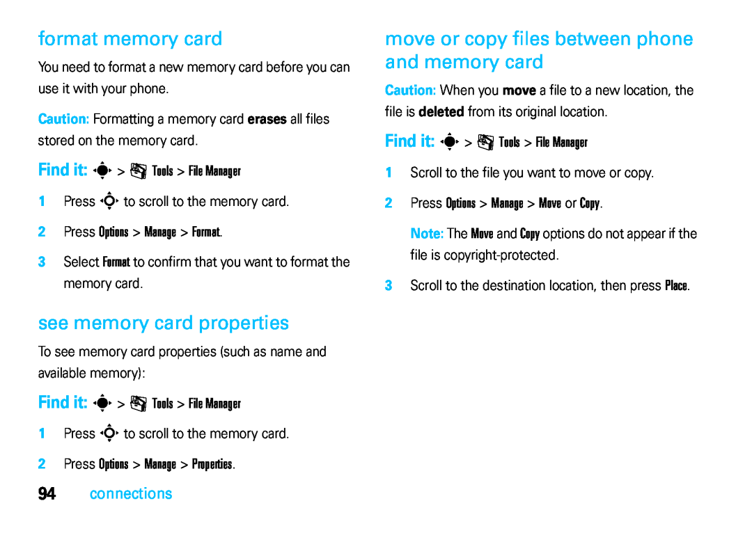 Motorola VE66 manual format memory card, see memory card properties, move or copy files between phone and memory card 