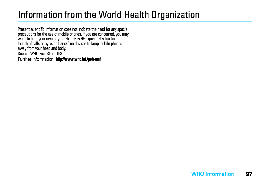 Motorola VE66 manual Information from the World Health Organization, WHO Information, Source WHO Fact Sheet 