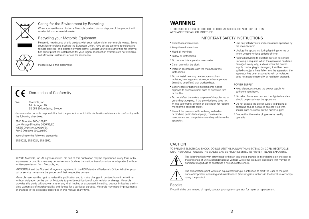 Motorola VIP1003, VIP 1003 installation manual Caring for the Environment by Recycling, Power Supply 