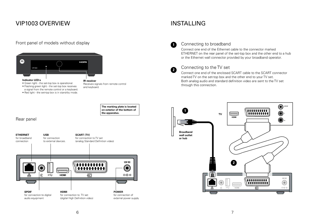 Motorola VIP1003 overview, Front panel of models without display, Connecting to broadband, Connecting to the TV set 