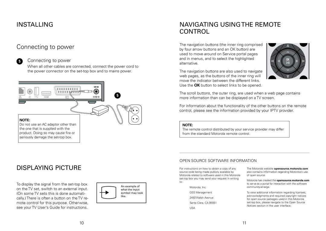 Motorola VIP1003, VIP 1003 Connecting to power, Navigating usingthe remote control, Displaying picture, Usa 