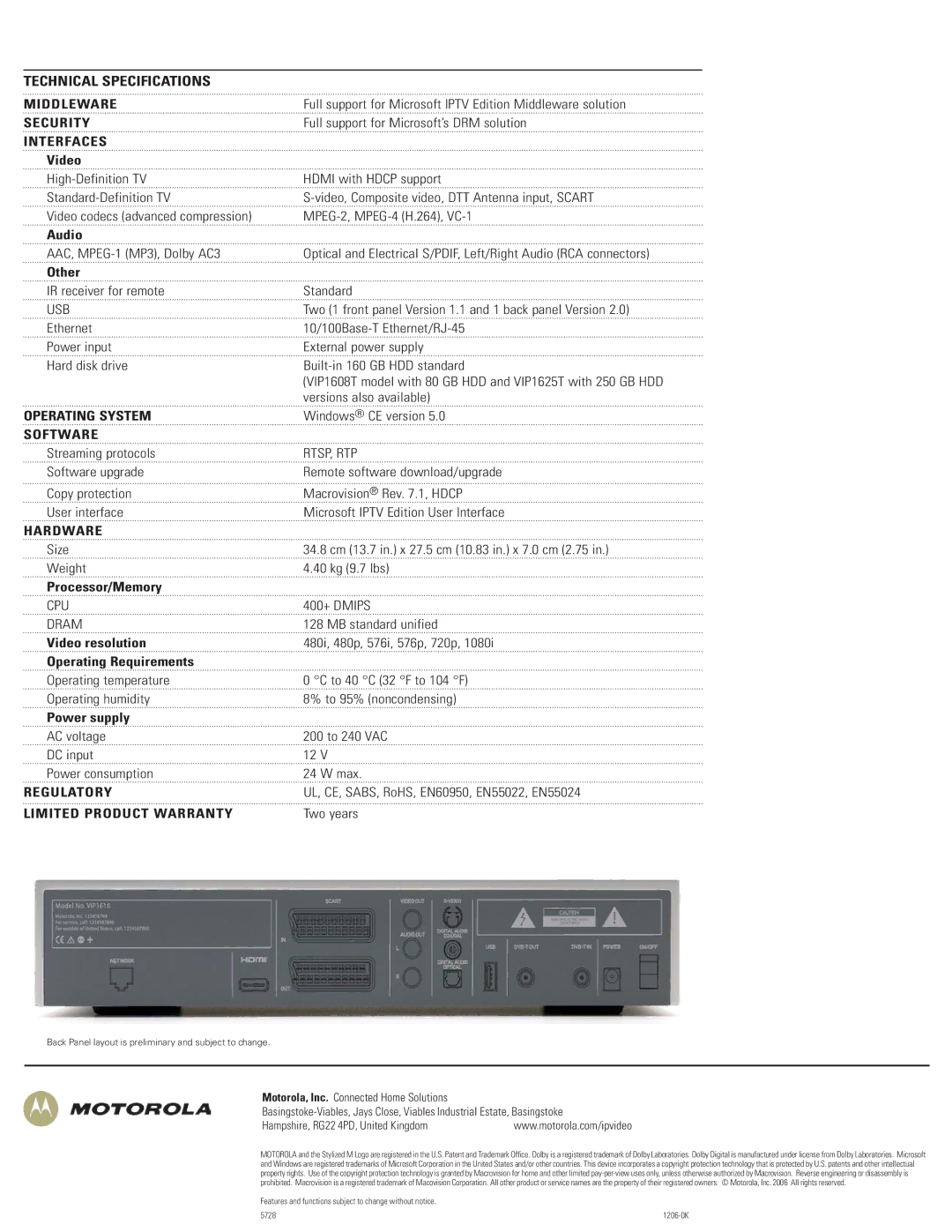 Motorola VIP1616T specifications Middleware, Security, Interfaces, Operating System, Software, Hardware, Regulatory 