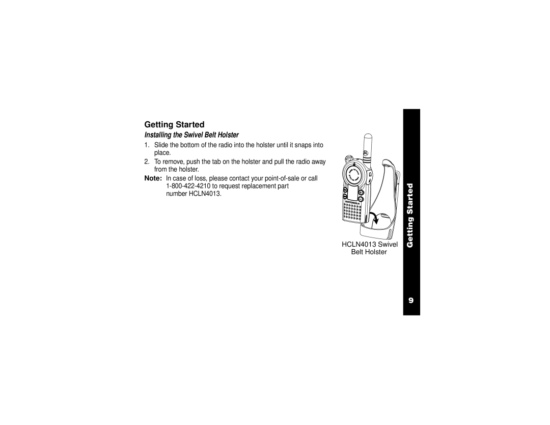 Motorola VL50 manual Getting Started, Installing the Swivel Belt Holster 