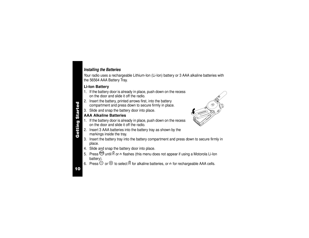 Motorola VL50 manual Li-Ion Battery, AAA Alkaline Batteries 