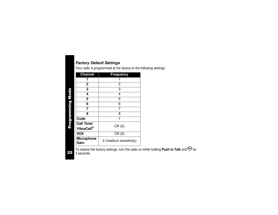 Motorola VL50 manual Factory Default Settings, VibraCall Code Call Tone Off, Microphone Medium sensitivity Gain 