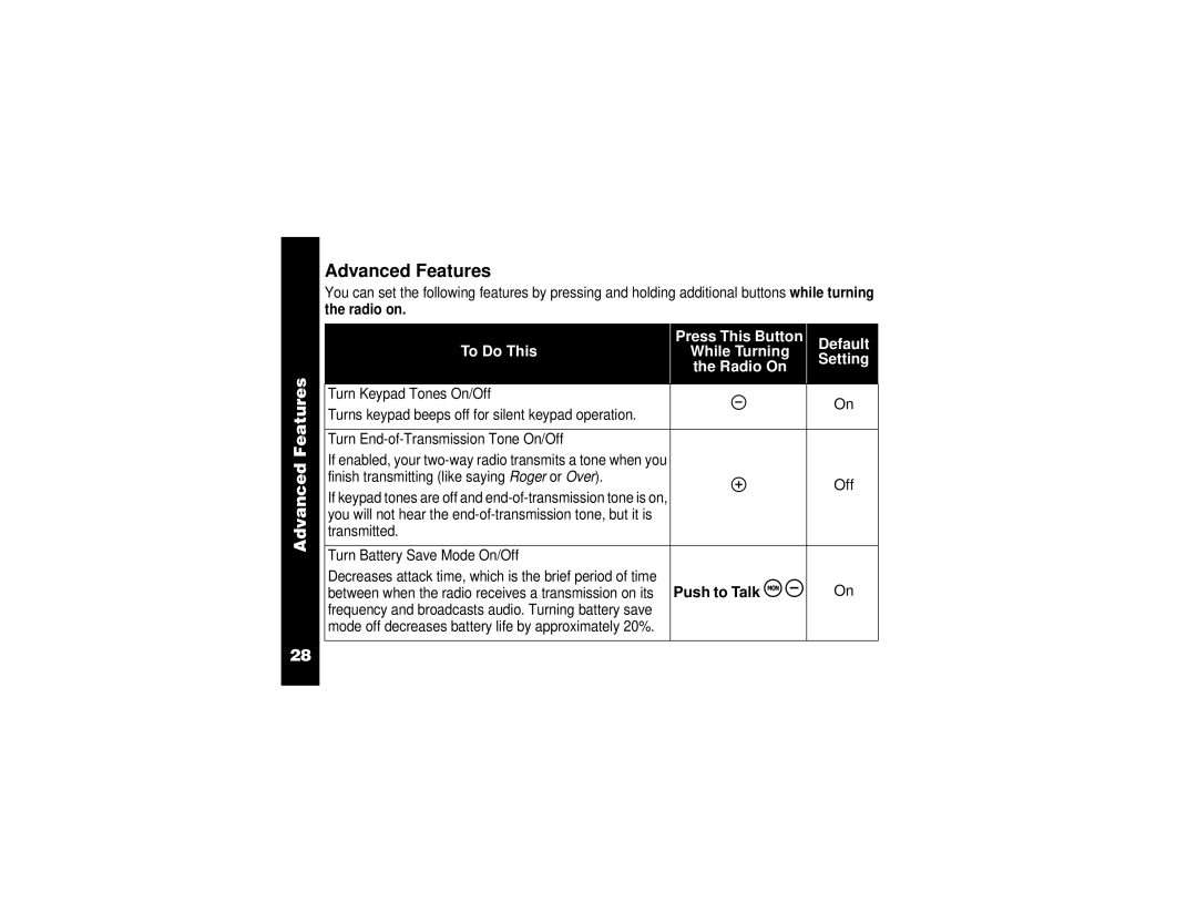 Motorola VL50 manual Advanced Features, Push to Talk T 